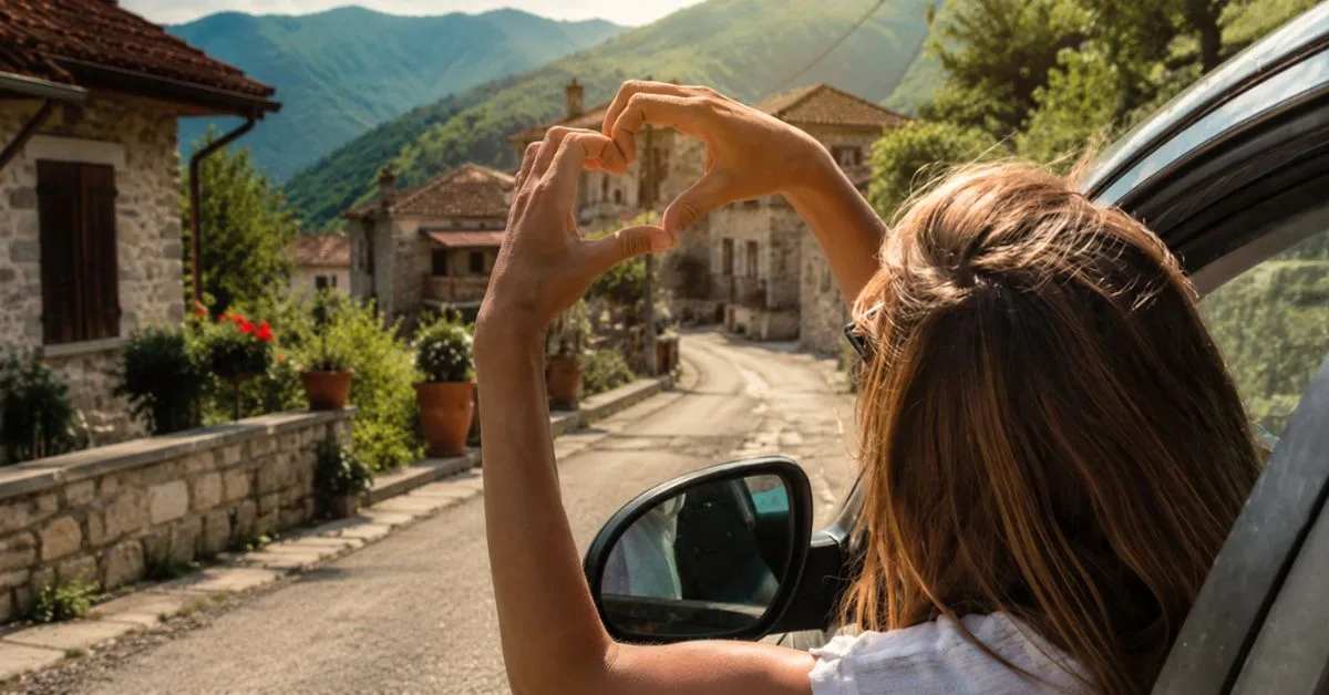 close up photo of a woman reaching out of a car window and making a heart shape with her hands in village road